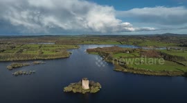 Irish ruined castle in Cavan from the air on a beautiful sunny day