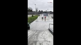 Loyal dog watches over his little human in the skatepark
