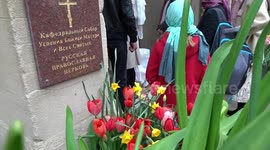 Outside Russian Orthodox Cathedral of the Dormition in London on Easter Sunday 2023