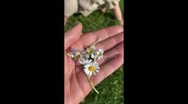Cute baby girl plays in field of daisies and eats one