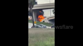 US: Massive Flames Engulf 18-Wheeler Truck That Overturned On Highway Near Rancho Viejo, TX
