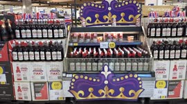Festive display of PIMMs at TESCO Kensington celebrates forthcoming coronation of King Charles III