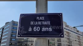 Pension reform: Fake Place of Retirement at Age 60 (Place de la Retraite à 60 ans). Paris suburb, Montigny-le-Bretonneux , avenue Gustave Eiffel, France. 19 april 2023