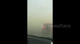 Powerful winds shatter car windows with blown sand and stones in China