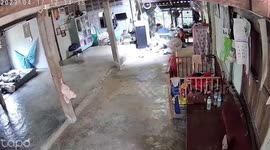 Shocking moment schoolgirl falls through roof and misses her grandmother by mere inches