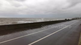 Waves crash over sea defences in Cleethorpes following strong winds and high tides