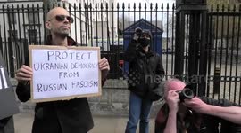 Anti Ukraine war protest in the protest pen opposite Downing Street met with counter protesters