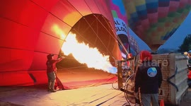 Hot Air Balloon heating up for taking off above Teotihuacán, Mexico