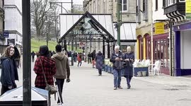 UK Severe Alert test, 23rd April, Buxton, public Street, phones beeping, 4K