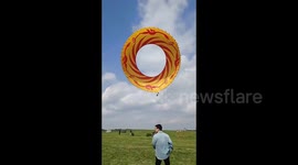 Man flies into air clinging to giant kite in northern China