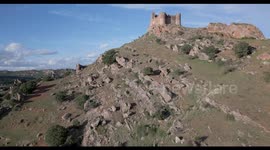 Castle drone fly over  Castillo de Riba de Santiuste, The Castle of Riba de Santiuste, Guadalajara, Spain