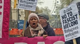 Noisy anti-racism protesters chant outside Downing Street during Giorgia Meloni's official visit