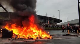 French protesters rally outside Paris 2024 Summer Olympics' construction site against pension reform