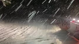 Rockslide rescue: snow plow clears Highway 74 during heavy snowfall in Evergreen, Colorado