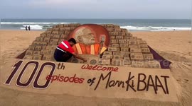 Sand artist creates tribute to Modi after Indian PM completes 100th radio episode