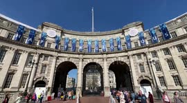 The words Happy & Glorious are being put up on Admiralty Arch at The Mall ahead of the coronation of King Charles III