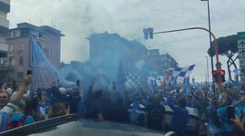 Napoli fans, celebrate outside in the city streets the almost victory of the Italian SerieA championship, during the Napoli vs Salernitana match, which was held at the Diego Armando Maradona stadium.