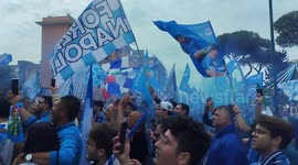 Napoli fans, celebrate outside in the city streets the almost victory of the Italian SerieA championship, during the Napoli vs Salernitana match, which was held at the Diego Armando Maradona stadium.