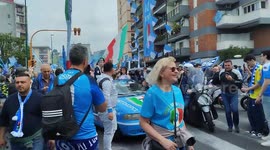 Napoli fans, celebrate outside in the city streets the almost victory of the Italian SerieA championship, during the Napoli vs Salernitana match, which was held at the Diego Armando Maradona stadium.