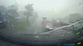 Tree branches fall in front of cars blocking road during storm