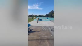 Skater lands on his chest when he falls from rail in Argentina