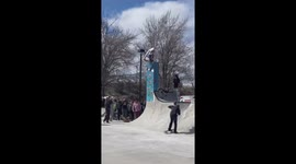 Skateboarding wipeout: man falls on steep rail but gets back up