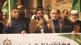 Supporters of Hamas movement take part in a protest following the killing of three Palestinian by Israeli troops during a raid in Nablus city