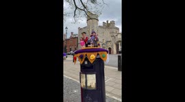 Coronation for King Charles III: Postbox toppers on postboxes by Windsor Castle of the crown and the Royal family