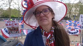 Interview with Texan woman on the Mall interrupted by thunder as hundreds dodge rainstorms ahead of royal coronation tomorrow