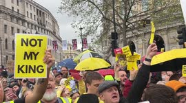 Anti Royalists, Protest during King Charles III Coronation Procession in Trafalgar Square.