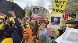 Anti Royalists, Protest during King Charles III Coronation Procession in Trafalgar Square.