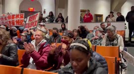 People protest during NYC Rent Guidelines Board Meeting in NY, USA