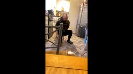 Fun dad playing with daughter breaks the pram under him with his weight
