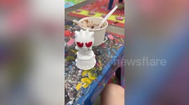 Adorable pet Siberian Husky rides Ferris wheel at fairground