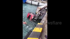Driver miraculously escapes container truck after it plunges into sea in China