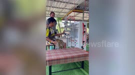 Young boy prints logos on boba milk tea cups using machine