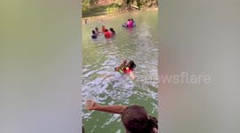 Pet puppy uses owner as makeshift raft while floating in pool