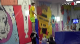 Boy goes a bit too high while jumping on trampoline; demolishes lamps attached to roof