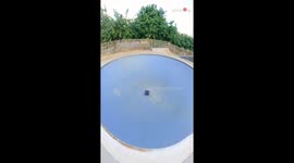 RC truck does an INSANE triple flip on a jump at skatepark