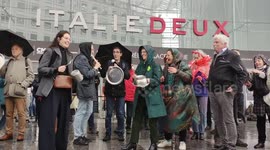 Pension reform: Deputee Sandrine Rousseau participates to an anti-Macron casserolade (pans beating) next to Paris 13th arrondissement's city hall, outside Centre Commercial Italie 2, France. Date: 15 may 2023, 18h30