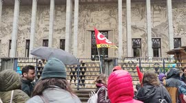 Pension reform: rally against the coming of Pap Ndiaye, french minister of Education invited as a key witness to the evening of the association of graduates of the École Nationale des Ponts et Chaussées (=National School of Bridges and Causeways). Paris,