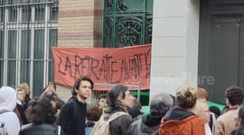 Pension reform: Mobilization of high school student groups this Tuesday, May 16, 2023. Paris, France,Metro Poissonnière. Blockade of Collège Alphonse Lamartine.