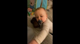 Baby Cuddles With Patient Pup