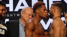 Devin Haney shoves Vasyl Lomachenko at weigh-in in Las Vegas before Saturday fight