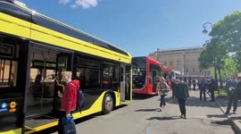 Buses displayed at transport festival in St Petersburg, Russia