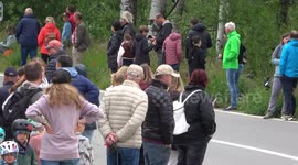 Bicycle race Giro d'Italia passing through Aproz in Valais canton in the swiss Alps - 4K