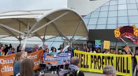 Climate activists stage protest outside Shell’s Annual General Meeting at Excel Centre in East London.