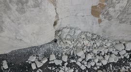 Chalk cliff fall below Belle Tout Lighthouse (now a guesthouse) at Beachy Head, East Sussex, UK