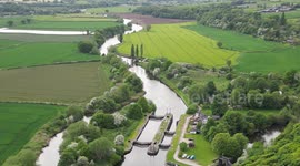 Drone view of the Barnton locks and waterways, alongside fields in cheshire