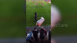 Rampaging bull drags handler and chases players during Super League game in France